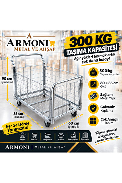 Armoni Metal Yük Taşıma Arabası Kafesli 60x85 cm Galvaniz Yan Kısımlar Sök-Ta...