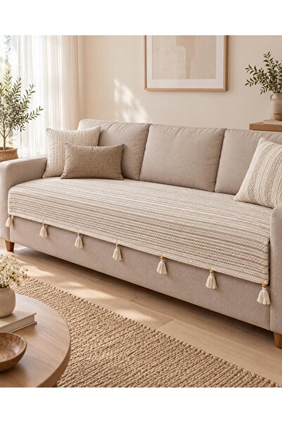 Doğa Püsküllü Şal Model Koltuk Örtüsü Bej 230x100 | %100 Pamuk Örme, Kaymaz, ...