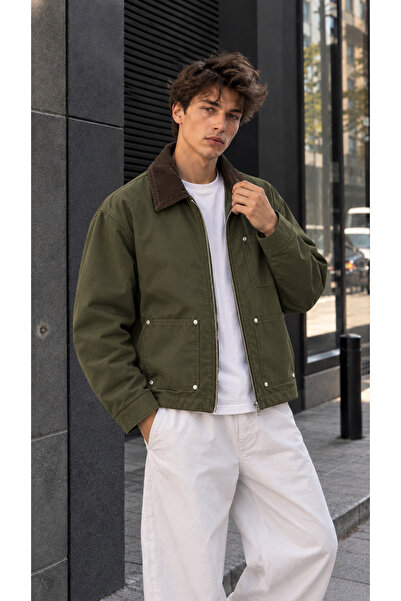 ONUR ERBİL MODA Erkek Kadife Yaka Detaylı Fermuarlı Worker / Canvas Mont
