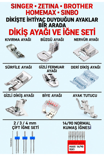Swart SİNGER ZETİNA 9'LU AYAK SETİ BİR PAKET ÇİFT İĞNE SETİ-14/90 NUMARA İĞNE...