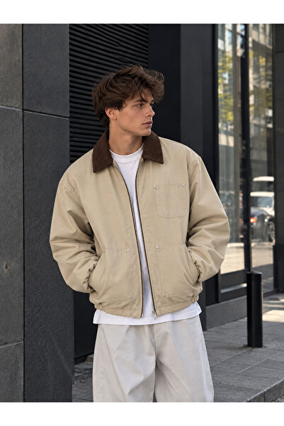 ONUR ERBİL MODA Erkek Kadife Yaka Detaylı Fermuarlı Worker / Canvas Mont