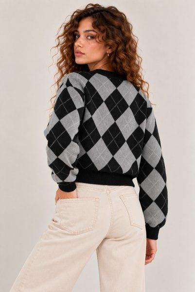 Lintersia Women's Black-Grey Diamond Patterned Buttoned Knitwear Cardigan