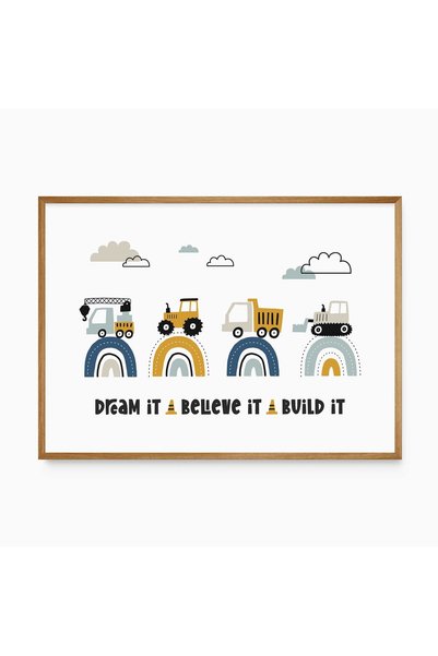 KEYFHOME Construction Vehicles Oral Framed Chart Poster Kids Room Wall Decor ...