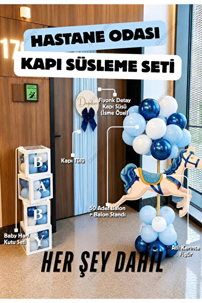 Her Şey Dahil Hastane Odası Kapı Süsleme Seti - Balon Standı, Atlı Karınca Tekli, Tül, İsimli Kapı Süsü