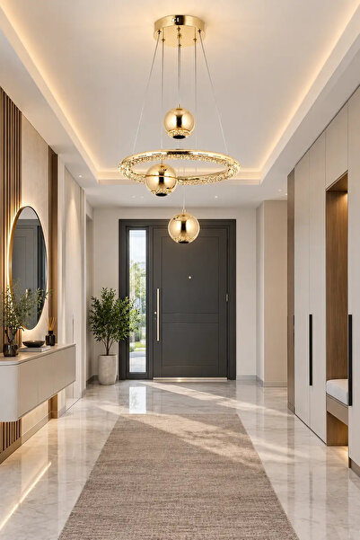 Elvora Home Modern (PREMİUM) Gold Halka 3 Renkli LEDli Sarkıt Avizesi Salon M...