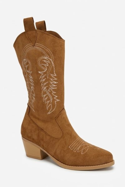 DefHeel'e Suede Embroidered Zipper Detailed Western Cowboy Boots Tan