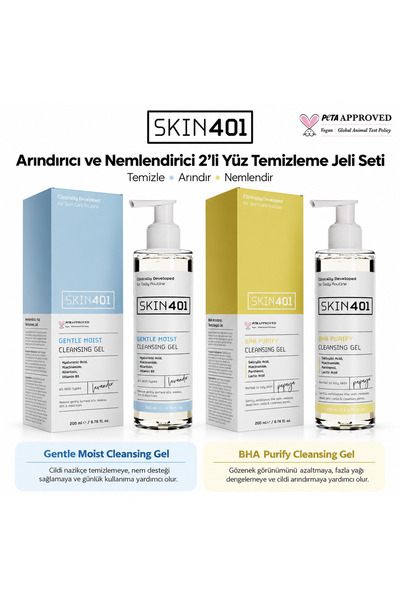 Skin401 Yüz Temizleme Jeli 2'li Bakım Seti | Salisilik Asit BHA + Hyalüronik ...