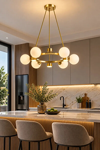 Elvora Home Modern (PREMİUM) Gold Detaylı 6+6 LED Opak Küreli Avize Salon Mut...
