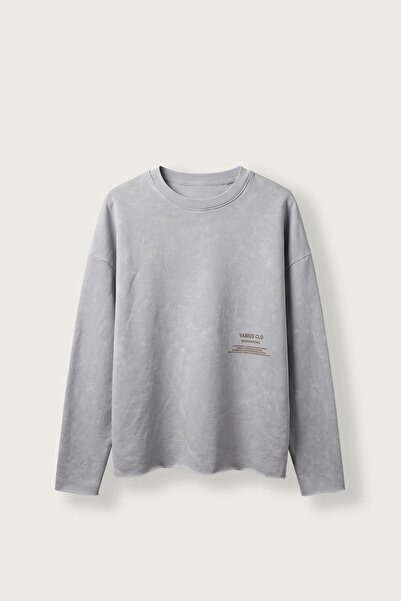 ablukaonline Ανδρικό Boxy Fit Crew Neck Washed Printed Φούτερ Baby Blue
