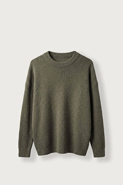 ablukaonline Men's Oversize Crew Neck Ribbed Knit Sweater Khaki