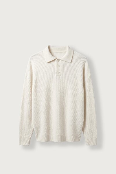 ablukaonline Erkek Oversize Polo Yaka Düğmeli Fitilli Triko Kazak Ekru