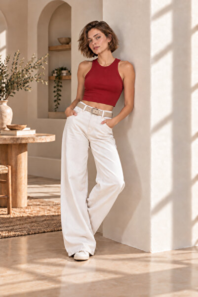 Kırmızı Fitted/Vücuda Oturan Crop Halter Yaka Fitilli Esnek Örme Atlet AYDSS26-AL0026