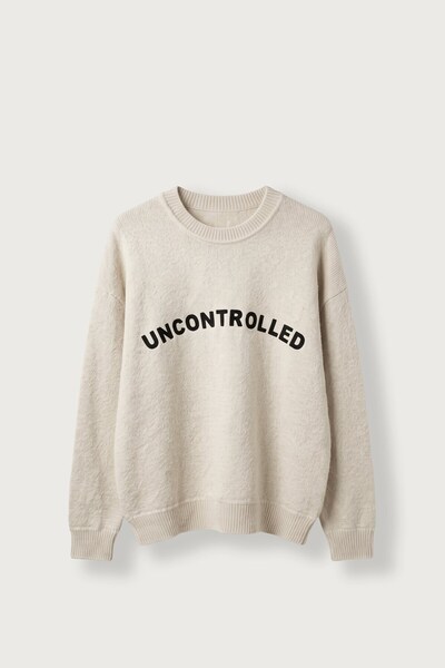 ablukaonline Men's Oversize Crew Neck Text Embroidered Knitwear Sweater Beige