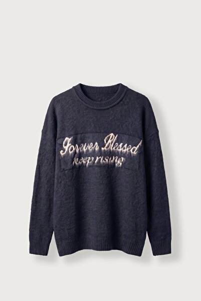 ablukaonline Men's Oversize Soft Textured Lettered Knitwear Sweater Navy Blue