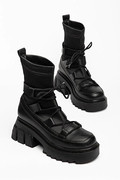 SHESTORE Μαύρες δερμάτινες γυναικείες μπότες με χοντρή σόλα και κορδόνια