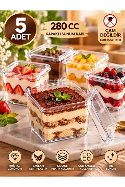 troykar 5 adet 280 cc tiramusu cup Kare Kristal Tatlı Dondurma Puding Lokumlu...