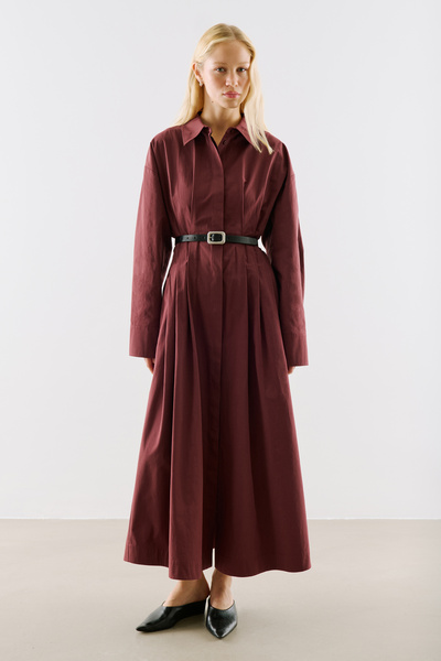 Manuka Pleated Waist Shirt Dress Burgundy