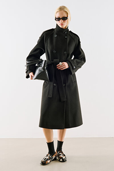 Manuka Premium High-Collar Double-Breasted Coat Black