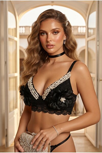 PICO fashion طقم ملابس داخلية مصنوع يدويًا بتفاصيل من الدانتيل والزهور واللؤلؤ