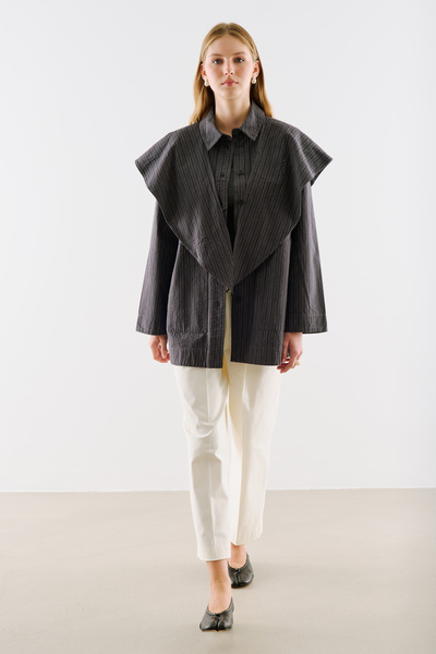 Manuka Shirt Jacket with Scarf Collar Black Striped