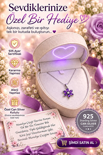 CAN SİLVER 925 Ayar Gümüş Ametist Taşlı Manolya Çiçeği Gümüş Kadın Kolye-Anne...
