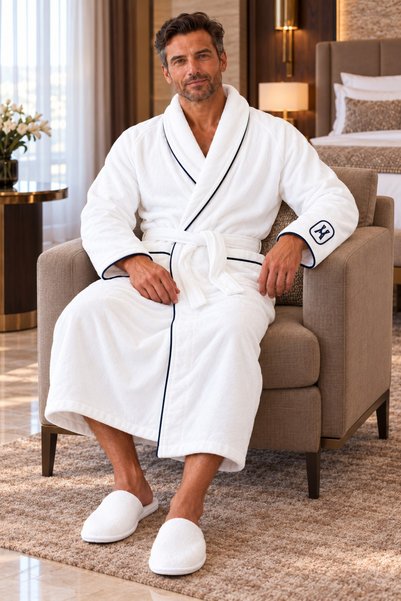 VAROL Elegant Monogram Beyaz Erkek Bornoz – Yüksek Gramajlı, Uzun Kesim, Şal Yaka