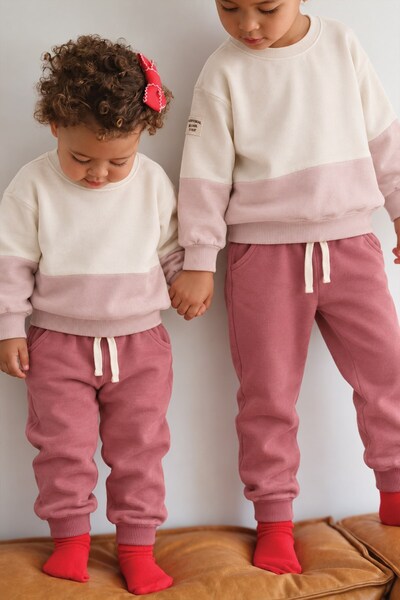 Cigit Garnili Sweatshirt İnce Mevsimlik Takım 2-8 Yaş Ekru Antik Pembe