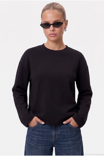 Ritnice Kadın Boxy %100 Pamuklu Tok Dokulu Dekoratif Yaka İnterlok Uzun Kollu Siyah T-Shirt