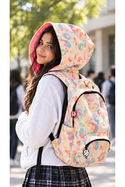 Unisex Su Geçirmez Pastel Leopar Desenli Çıkarılabilir Kapüşonlu Sırt Çantası