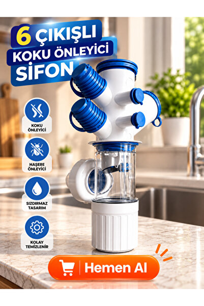 6 Girişli Mutfak ve Banyo Lavabo Altı Için Koku ve Haşere Önleyici Sifon / BAZI ÜRÜNLERDE ÇATLAMA YAPAN ALT KAPAĞIN MALZEME KALİTESİ ARTTIRILDI.