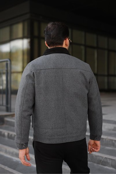 Vesli Men's Gray Premium Cashmere Coat – Contrast Velvet Collar, Zipper Snap Detail