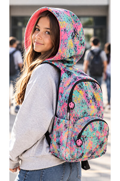 Unisex Su Geçirmez Neon Pembe Pollock Desenli Çıkarılabilir Kapüşonlu Sırt Çantası