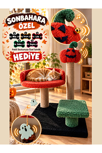 Kedi Tırmalama Tahtası Yataklı Halloween Temalı Balkabaklı Zilli Oyuncaklı Kedi Oyun ve Dinlenme Alanı 🎃