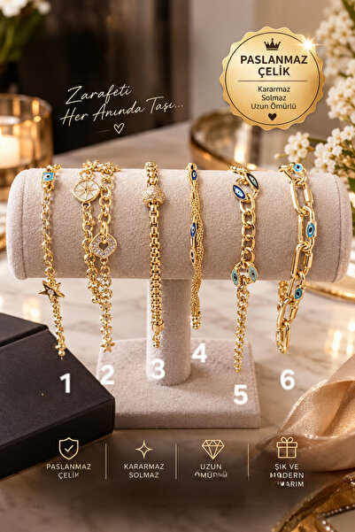 İNİTİUM Paslanmaz Kararmaz Çelik 14K Gold Trend Model Nazar Bileklikler Model...