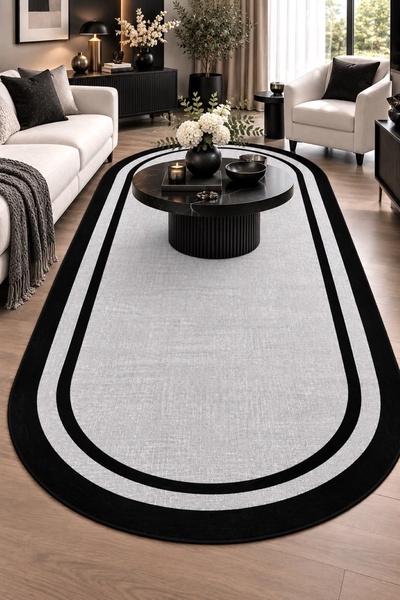 Zeria Home Dijital Kaymaz Yıkanabilir Jüt Hasır Görünümlü Oval Siyah Çerçevel...