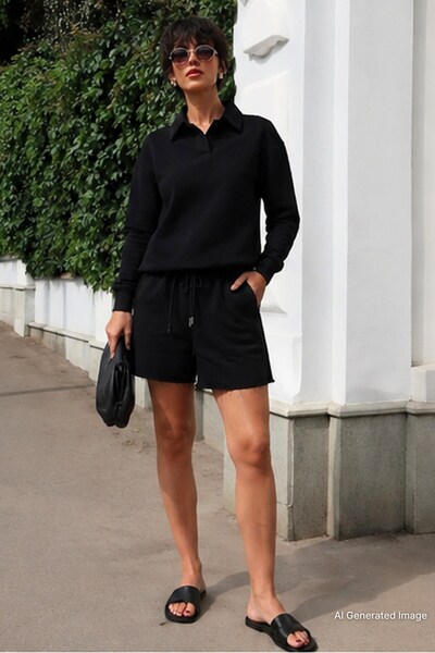 Madmext Black Polo Neck Women's Shorts Sweatshirt Set Mg2375