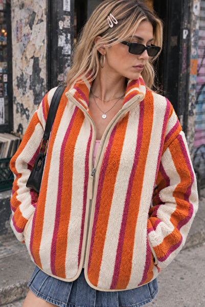Mixray 4981 Kadın Gün Batımı Çizgili Cepli Yumuşak Dokulu Polar Sweatshirt