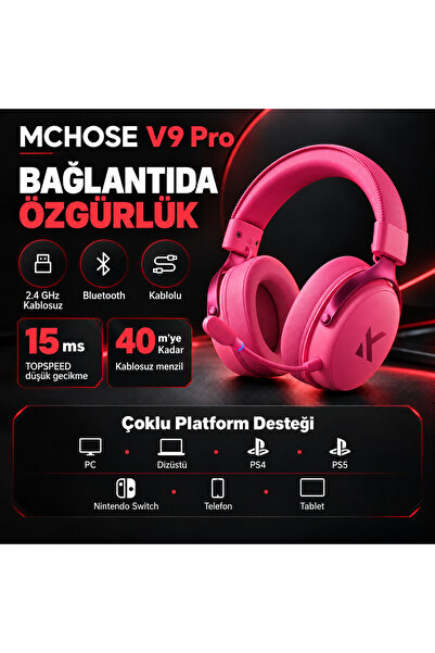 MCHOSE V9 Pro Rose Red 7.1 Surround Kablosuz Gaming Kulaklık (HW-V9-6)