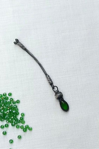 KAZZAZE Piatră de zircon verde Kazaziye din argint oxidat, cu un singur pandantiv, ciucure rozariu de lungime scurtă, închidere cu nod, cadou inel tip breloc.