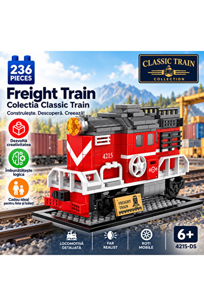 Minibric Set de Constructie cu Piese Tip Blocuri Construit 236 Piese Freight Train, Locomotiva, Far, Roti