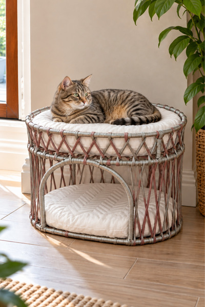 Reyo Tasaryum Çift Katlı Kedi Yatağı ve Kedi Ranzası, Minderli İskandinav Tas...