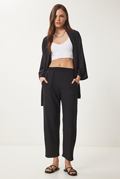 Happiness İstanbul Women's Black Kimono Pants Knitted Set BY00050