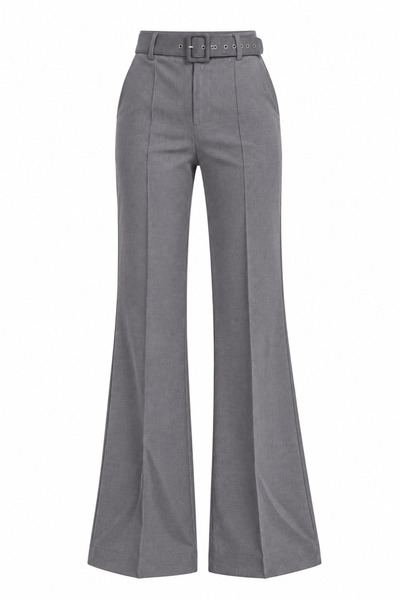 Juuuj Gray Woven Fabric High Waist Wide Leg Pants with Belt and Grass Detail