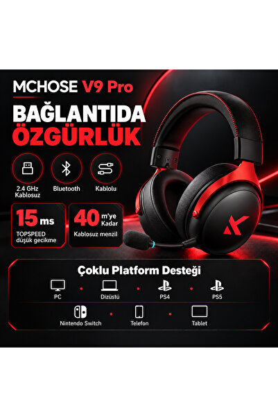 MCHOSE V9 Pro Black Red 7.1 Surround Kablosuz Gaming Kulaklık (HW-V9-4)