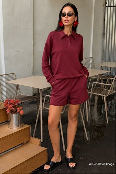 Madmext Burgundy Polo Collar Women's Shorts Sweatshirt Suit Mg2375