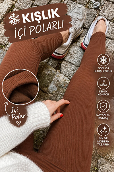 Kadın Modası Winter Brown High Waist Ribbed Leggings with Ribbed Inside
