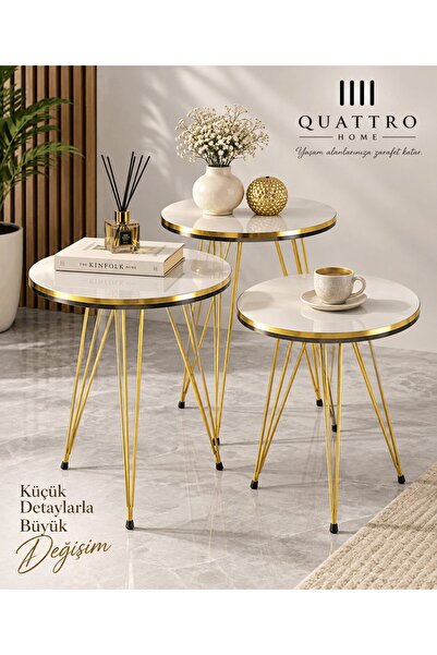 QUATTRO HOME Gold Tel Zigon Sehpa Takımı Krem Bej 3'lü
