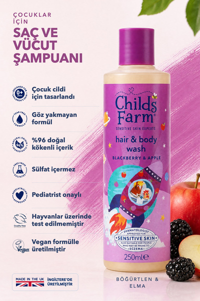 Childs Farm Böğürtlen ve Organik Elma Özlü Çocuk Saç ve Vücut Şampuanı 250ml