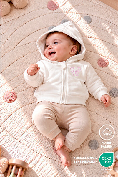 Lilalinda Bebek/Çocuk Pamuklu Sweatshirt Pembe Nakış Detaylı Fermuarlı