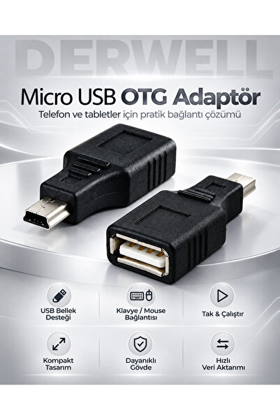 Derwell 5 Pin Mini Usb Erkek Usb Dişi Aparat Oto Teyp Flash Bellek Mini Usb V...
